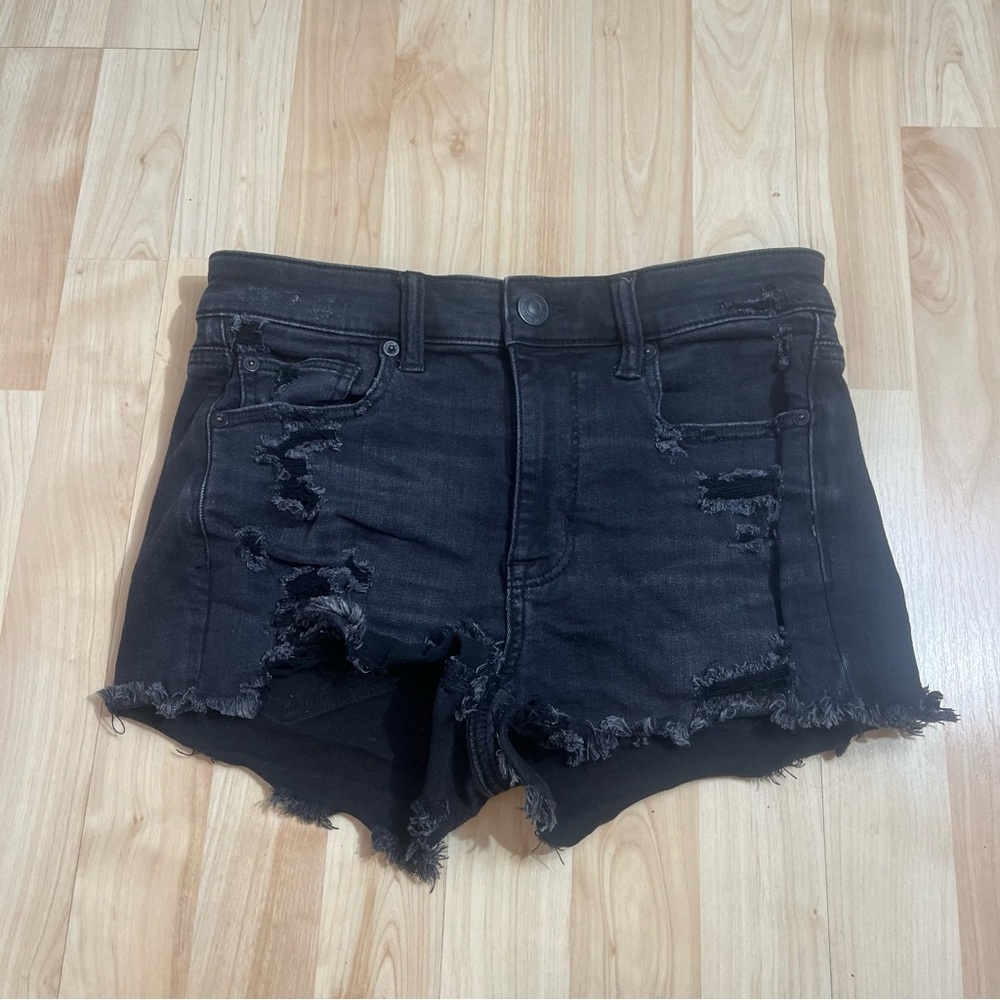 American Eagle Womens Black High Rise Shortie Distressed High Waisted Shorts 4